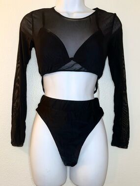 Jiren Black Mesh Long Sleeve Bikini Set Crop Top High Cut Bottom NWT Festival